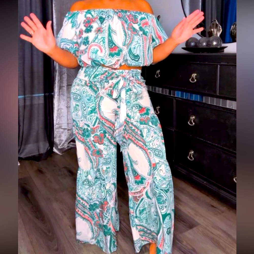 Off-Shoulder Paisley Wide-Leg Pantsuit in Teal & Coral